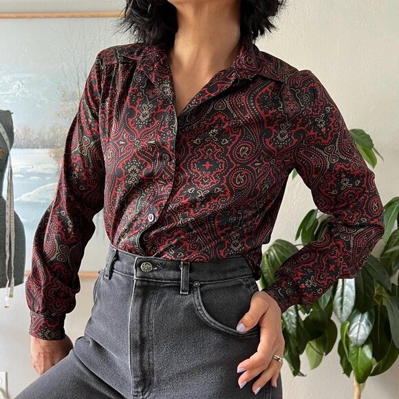 Vintage 80s long sleeve button down black red floral blouse size 6 petite - Picture 8 of 9